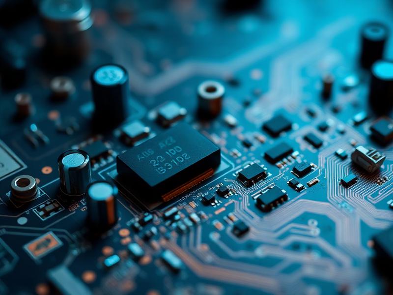 Placa de circuito impresso montada com microchips e capacitores
