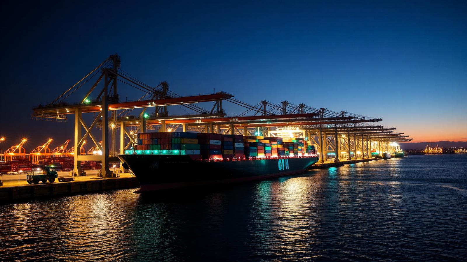 Navio porta-containers sendo carregado em um porto ao entardecer