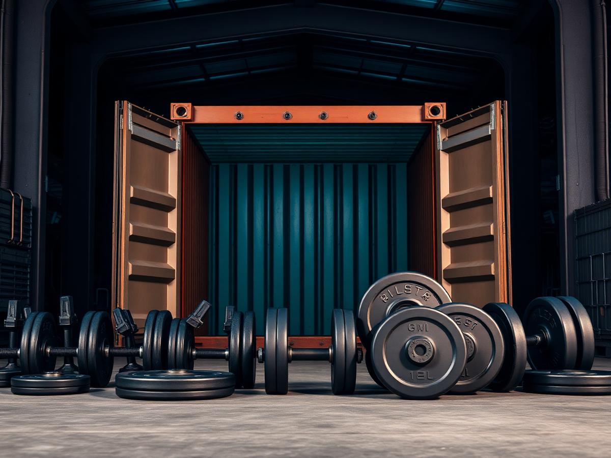 Equipamentos de academia em frente a um container de transporte aberto