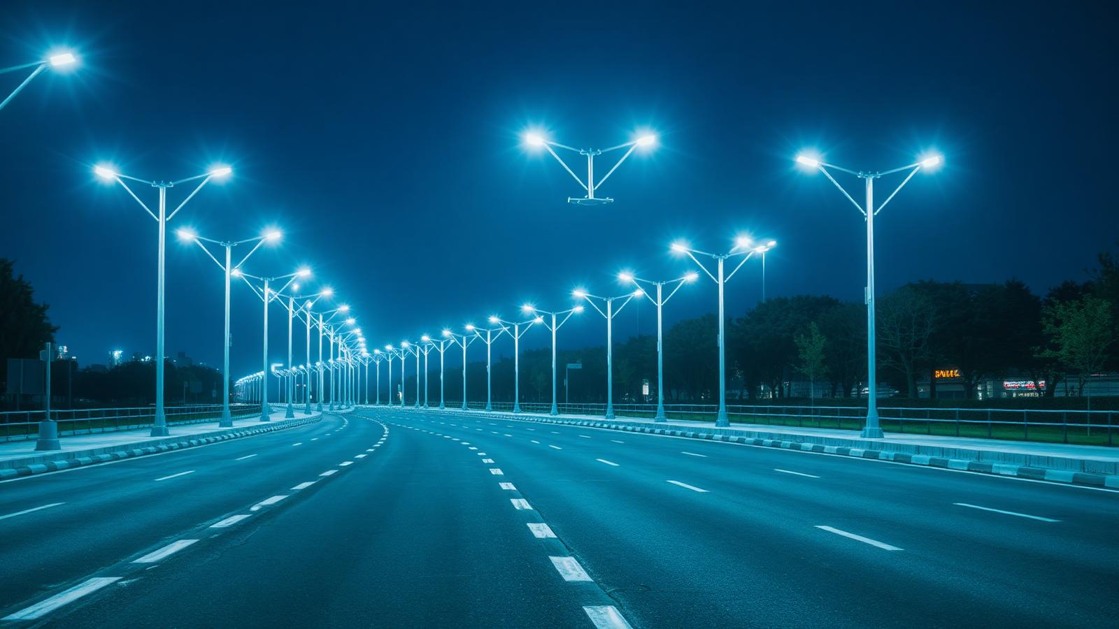Avenida urbana iluminada por postes com luzes LED à noite